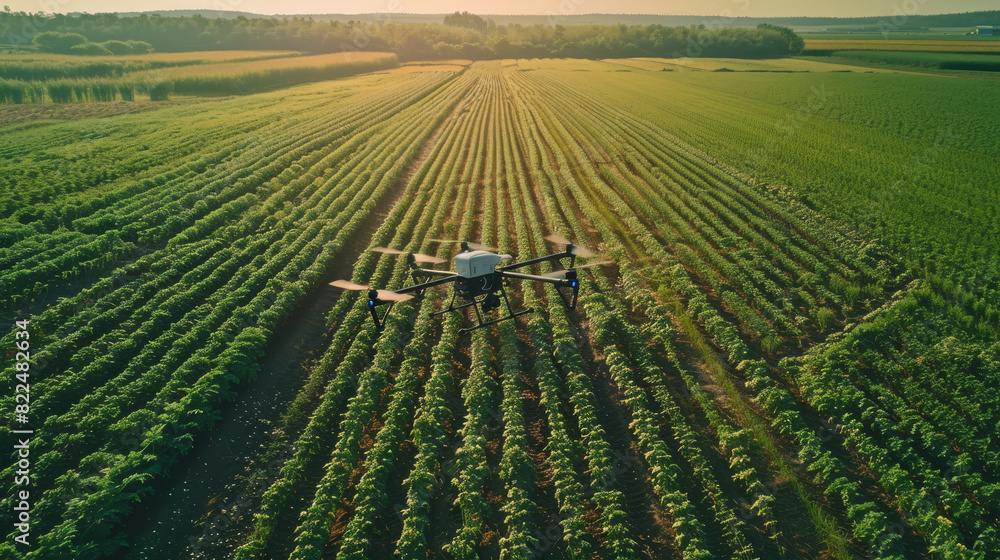 Fototapeta premium A drone is flying over a field of crops