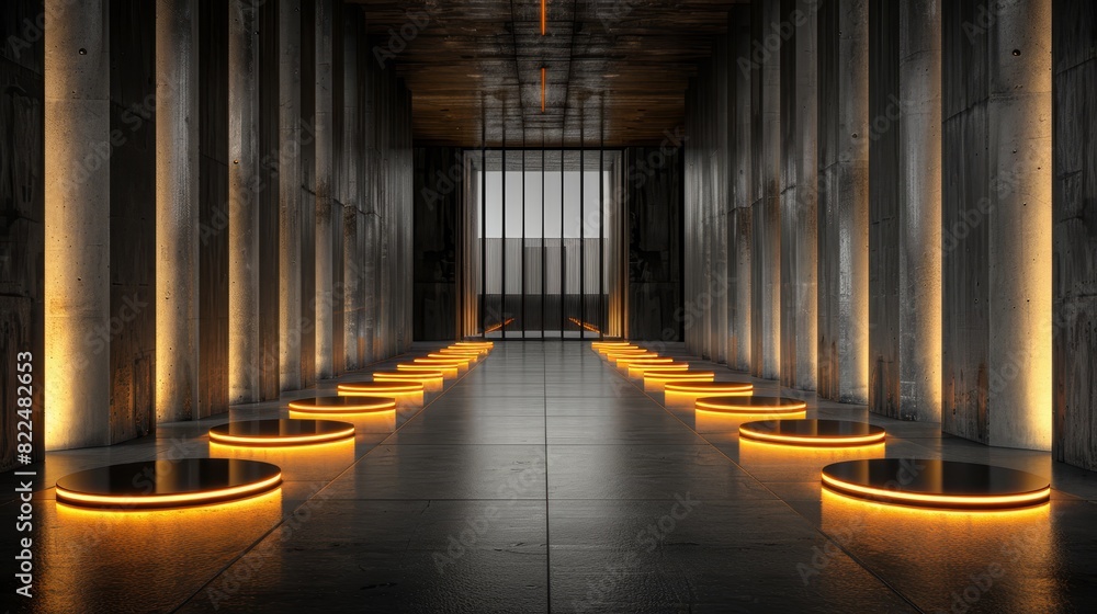Fototapeta premium A lengthy sequence of lights aligned beside a wall in a room, flanked by columns on both sides Ends with a solitary light at its terminus