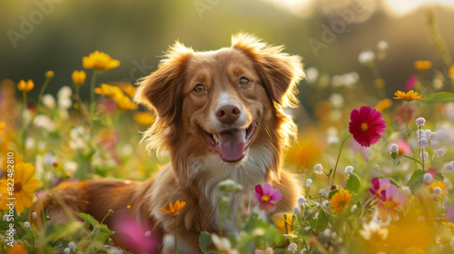 A dog is laying in a field of flowers