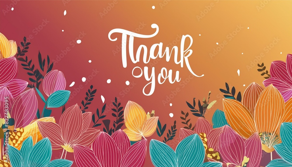 Fototapeta premium Thank You Message - Hand Lettering of Thankful Card or Gift Card for Print - Social Post for Appreciation - Decorated with Flowers and Leaves