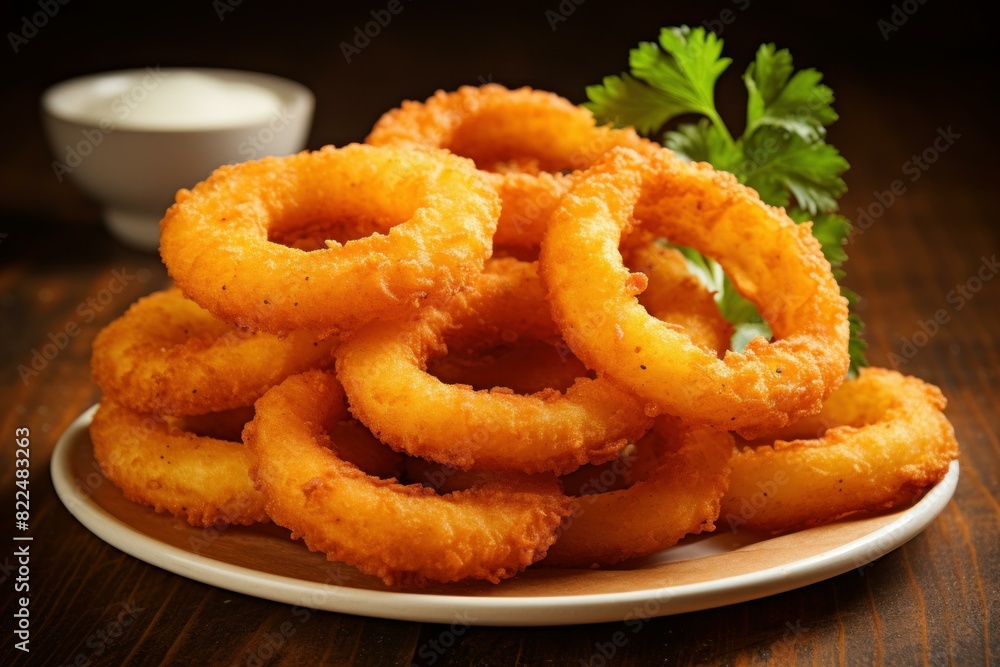 Close-up of delicious golden-brown fried onion rings garnished with parsley on a wooden table Close-up of delicious golden-brown fried onion rings garnished with parsley on a wooden table