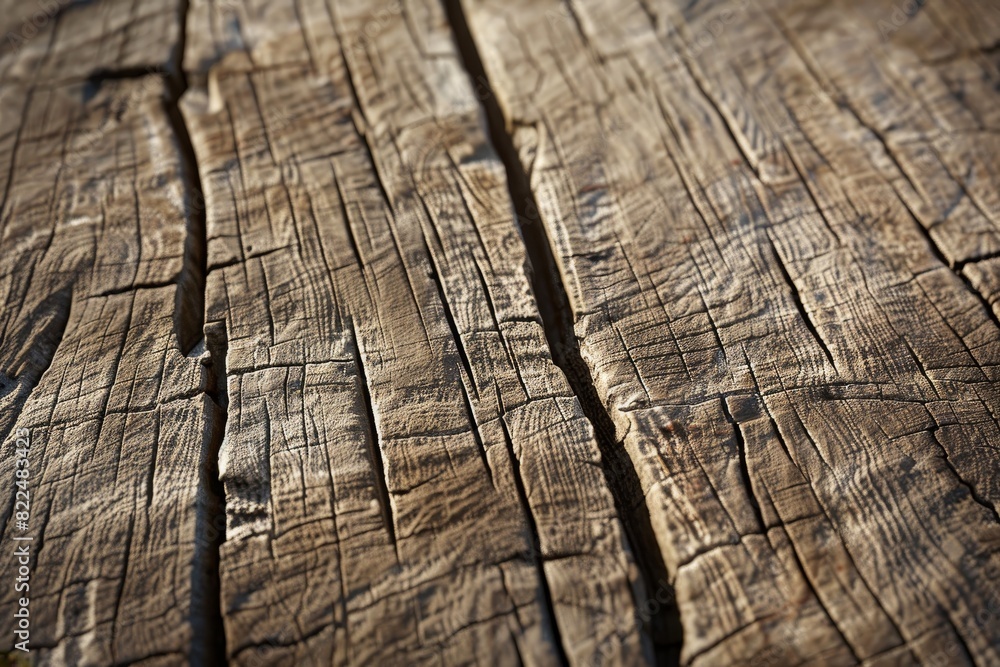 Fototapeta premium Tilted angle view of cracked, weathered wood texture, soft afternoon light casting subtle shadows, detailed grains and imperfections visible, photorealistic quality, earthy brown and gray tones
