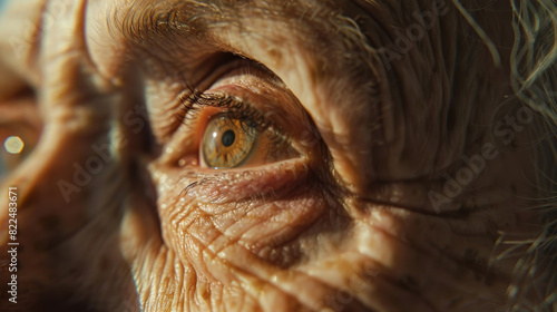 An old woman's eye is open and has a yellowish tint © mila103