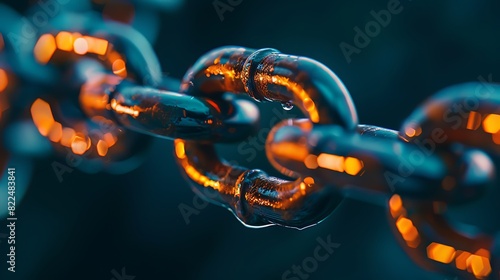 Macro shot of a single oily chain link reflecting distorted light, emphasizing texture.