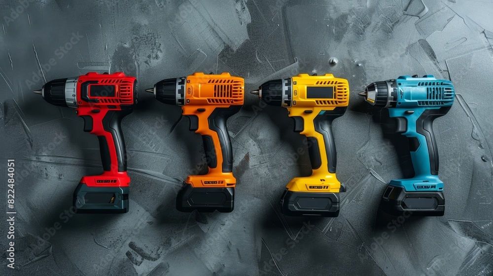 Four cordless power drills lined up on a textured grey surface Four cordless power drills lined up on a textured grey surface