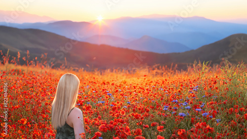 The Sun rising on a field of poppies in the countryside, Tyrol, Austria	
