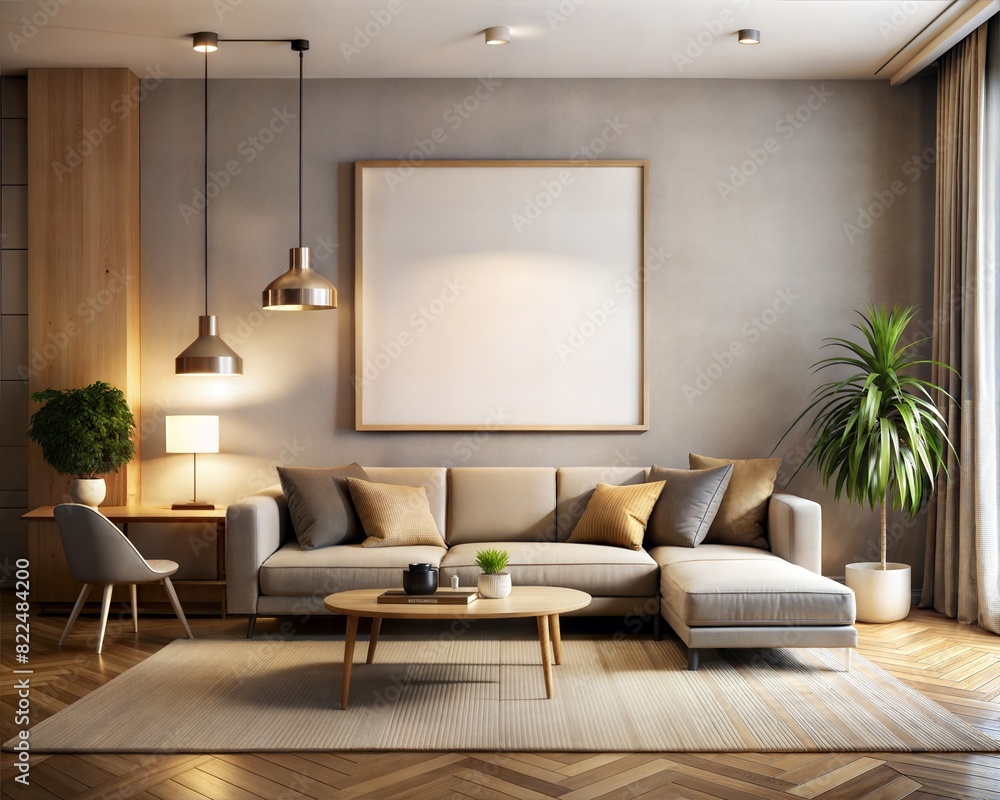 A living room with a white wall and a large white framed picture A living room with a white wall and a large white framed picture