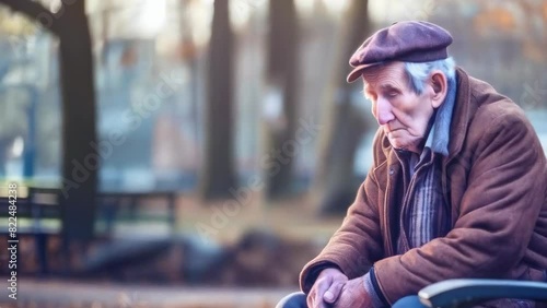 An elderly man sits pensively on a park bench, wearing a hat and cozy winter clothing. The blurred background hints at an autumn scenery. Concepts of solitude, reflection, and aging. photo