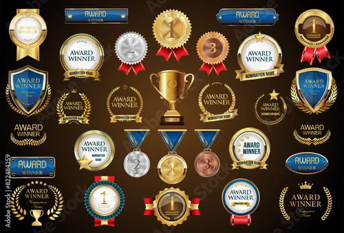 award winner luxury gold badge shield ribbon and laurel retro vintage collection