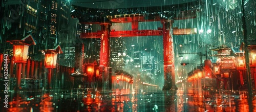 japanese temple cyberpunk abstract illustration