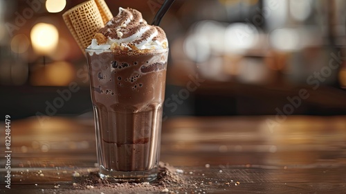 Chocolaty Delight: Glass of Chocolate Milkshake With a Straw photo