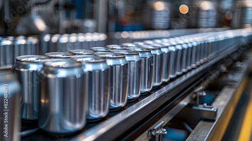 New aluminum cans moving along the conveyor belt in a beverage manufacturing factory. Represents the food and beverage industrial business. photo