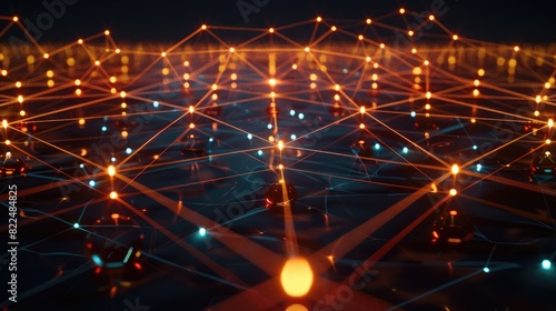 A network of glowing nodes connected by beams of light, each node labeled with a different market sector, 
