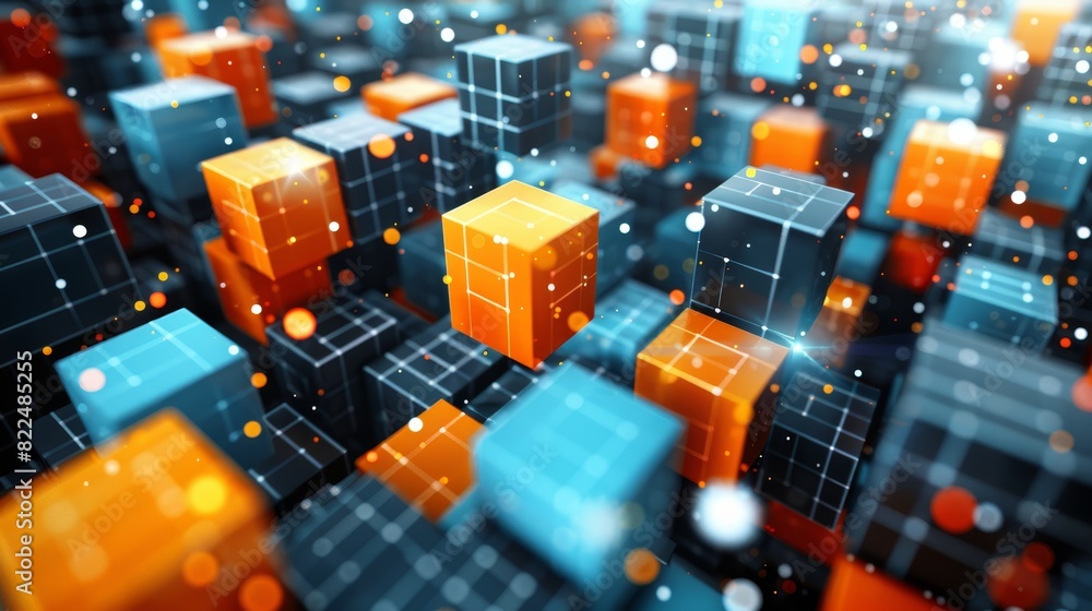 A group of orange and blue cubes is centered in a larger collection, surrounded by blue and orange cubes Background hazy A group of orange and blue cubes is centered in a larger collection, surrounded by blue and orange cubes Background hazy
