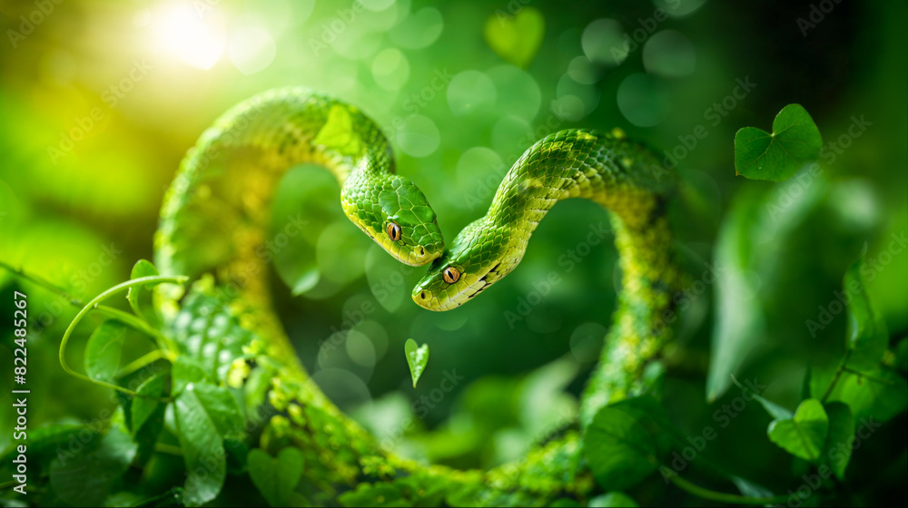 Green snakes forms a perfect heart shape, captured against a leafy green background. Concept World Snake Day Green snakes forms a perfect heart shape, captured against a leafy green background. Concept World Snake Day