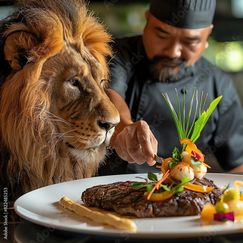 A chef is preparing a delicious meal for a lion