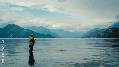 Man happily fishing on the lake on a calm day