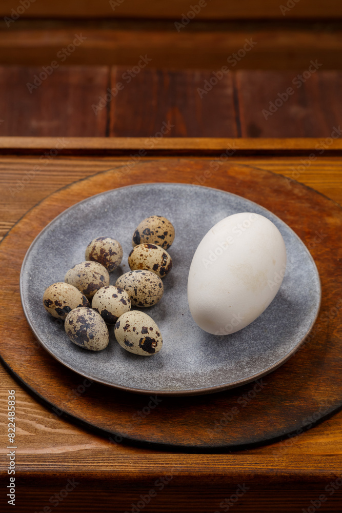 goose and quail egg on a wooden table goose and quail egg on a wooden table