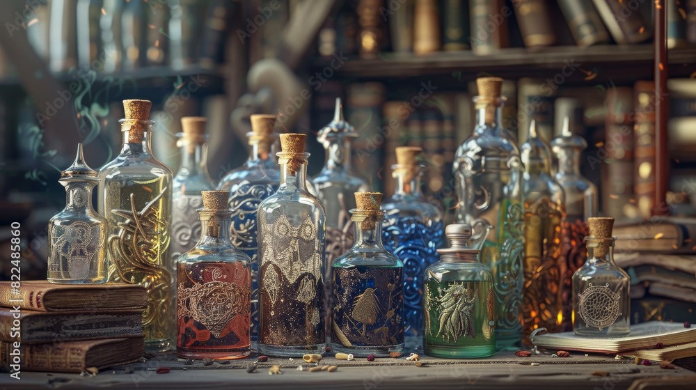 The bottles are arranged in a row, with some standing upright The bottles are arranged in a row, with some standing upright