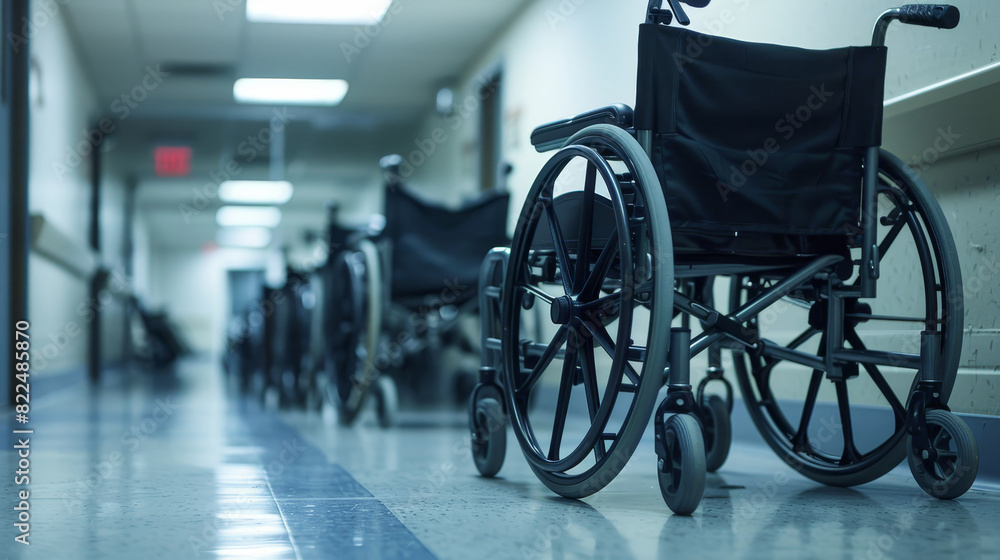 A row of wheelchairs are lined up in a hallway A row of wheelchairs are lined up in a hallway