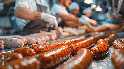 food industry: workers in the production of original German bratwurst in a large butcher's shop