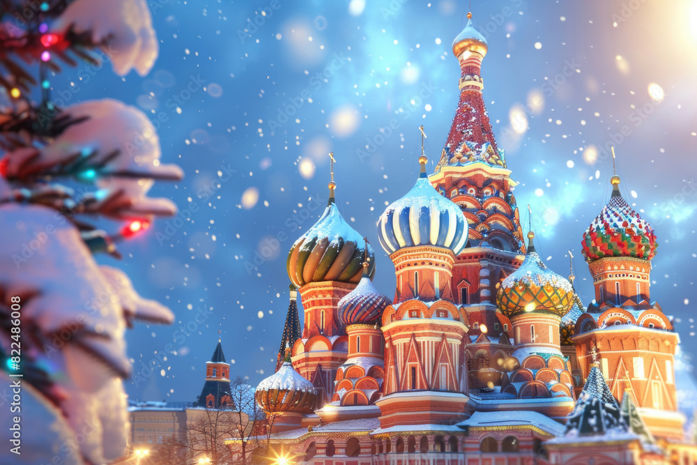 St. Basil's Cathedral covered in snow with a bright blue winter sky and festive lights