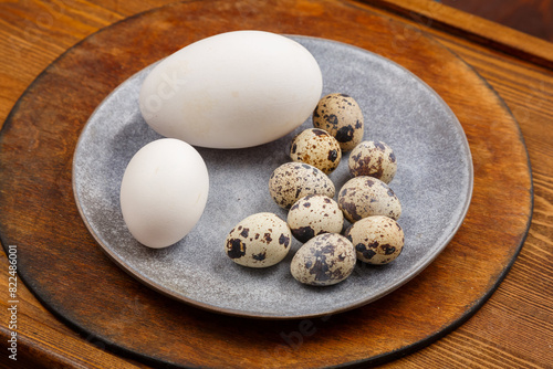 Chicken goose and quail eggs on a gray plate on a wooden table comparison