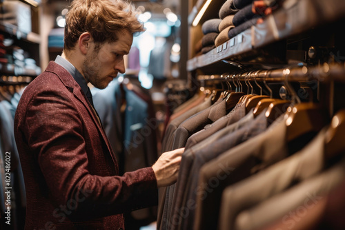 A man is looking at clothes in a store