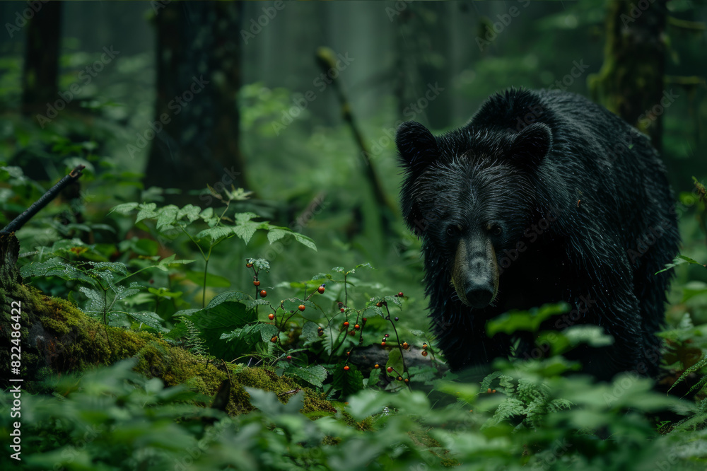 A bear foraging for berries in a dense forest, surrounded by lush greenery and tall trees.. AI generated. A bear foraging for berries in a dense forest, surrounded by lush greenery and tall trees.. AI generated.