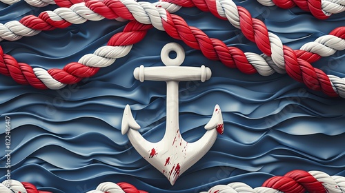 An anchor surrounded by ropes. The anchor is white and the ropes are red and white. The background is a dark blue. photo