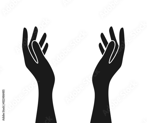 Black silhouettes of two raised hands with palms facing each other, isolated on white background