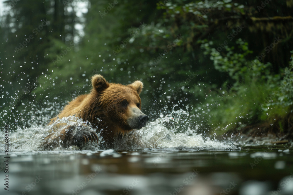 A bear expertly fishing in a river within a dense forest, with water splashing as it catches fish.. AI generated. A bear expertly fishing in a river within a dense forest, with water splashing as it catches fish.. AI generated.