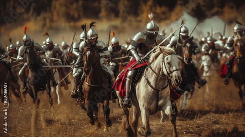Warhorses rearing in defiance as knights charge forth with lances leveled © Mars0hod