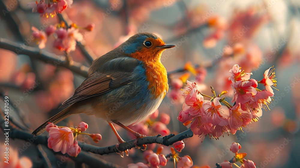 A charming robin perched on a branch of a blossoming cherry tree, its cheerful song filling the crisp spring air. A charming robin perched on a branch of a blossoming cherry tree, its cheerful song filling the crisp spring air.
