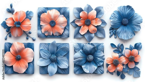 Exquisite Collection of Blue and Peach Colored Flowers Sculpted in 3D Clay Style on a Square Tile