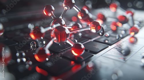 Dynamic pharmaceutical testing, Close-up shot of red and silver molecular model on laptop keyboard. Emphasizes scientific research, innovation in pharmaceutical development. Bright, detailed.