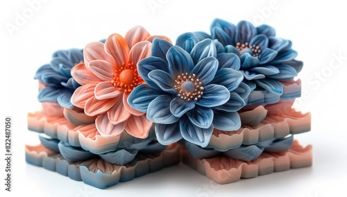 Exquisite Collection of Blue and Peach Colored Flowers Sculpted in 3D Clay Style on a Square Tile