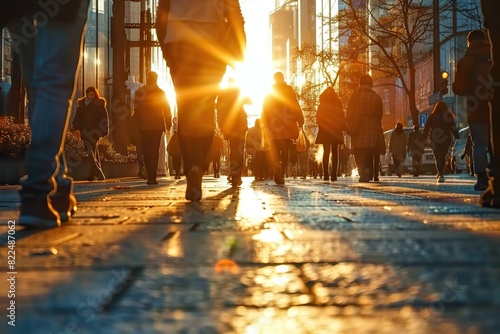 Morning Hustle - Business Professionals Commuting in a Sunlit Cityscape © photobuay