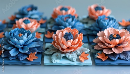 Exquisite Collection of Blue and Peach Colored Flowers Sculpted in 3D Clay Style on a Square Tile