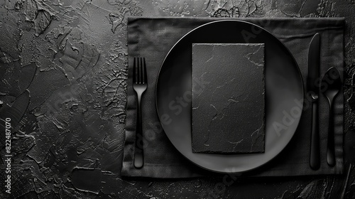 Elegant Table Setting with Dark Plate, Silverware, and Blank Leaflet, Ideal for Food Design Presentation