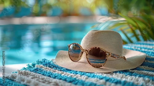 Summer Essentials Displayed on a Sunny Backdrop - Sunglasses, Beach Towel, Sandals, and Striped Cap