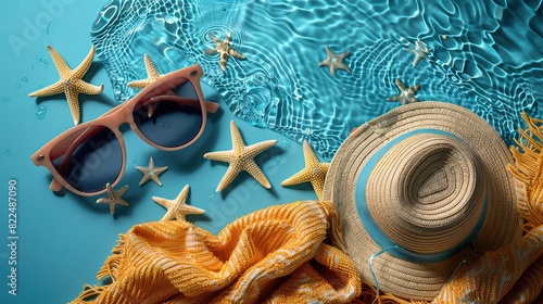 Summer Essentials Displayed on a Sunny Backdrop - Sunglasses, Beach Towel, Sandals, and Striped Cap