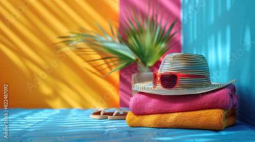 Summer Essentials Displayed on a Sunny Backdrop - Sunglasses, Beach Towel, Sandals, and Striped Cap