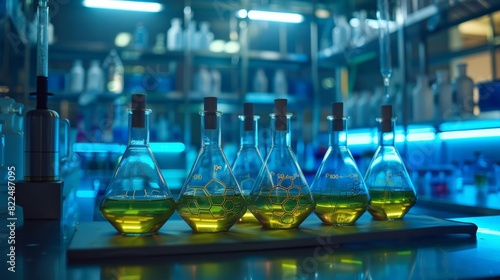 Cutting-edge pharmaceutical innovation, row of Erlenmeyer flasks with yellow liquid on a lab table, blue ambient lighting creates a futuristic atmosphere, representing precision and innovation.