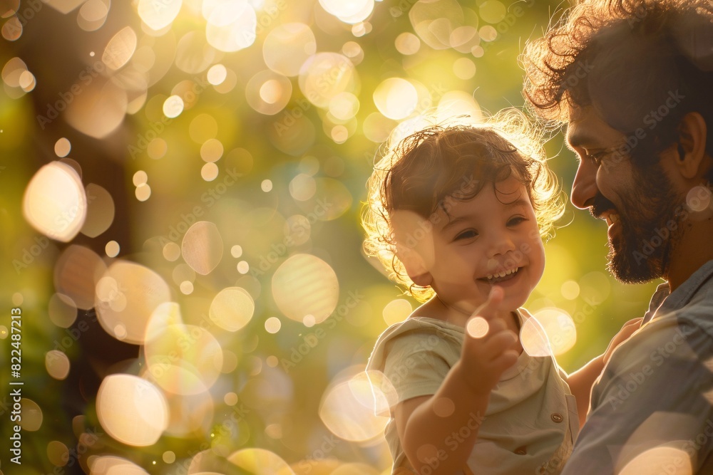 Fototapeta premium Close-up. Father and child in luminous bokeh, warm glow. Close-up of a tender moment of mutual admiration and love. Concept: fatherhood and family values, parental care.