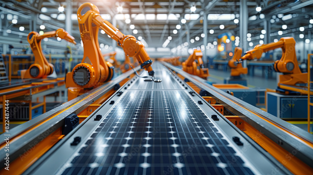 Modern, brightly lit factory featuring a large production line equipped with industrial robot arms. Solar panels are being assembled on a conveyor belt within this automated manufacturing facility Modern, brightly lit factory featuring a large production line equipped with industrial robot arms. Solar panels are being assembled on a conveyor belt within this automated manufacturing facility