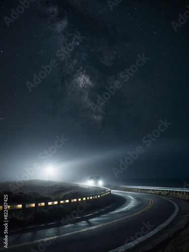 Coastal drive at moonlight, car beams pierce the misty air.