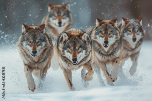 A pack of wolves hunting in the snow, with intense expressions and dynamic movements in a serene, snowy landscape.. AI generated.