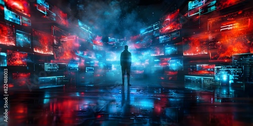 Symbolic Representation of Isolation: Lonely Figure Surrounded by Glowing Screens in the Dark. Concept Isolation, Loneliness, Technology, Dark Environment, Symbolism photo