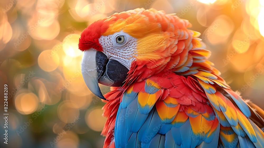 A close-up of a colorful parrot's intricate feathers, each detail sharply defined, shimmering under the golden rays of the setting sun A close-up of a colorful parrot's intricate feathers, each detail sharply defined, shimmering under the golden rays of the setting sun